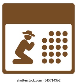 Pray Calendar vector icon. Style is flat symbol, brown color, rounded angles, white background.