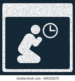 Pray Clock Calendar Page grainy textured icon for overlay watermark stamps. Flat symbol with scratched texture. Dotted vector white ink rubber seal stamp with grunge design on a dark blue background.