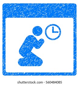 Pray Clock Calendar Page grainy textured icon for overlay watermark stamps. Flat symbol with dust texture. Dotted vector blue ink rubber seal stamp with grunge design on a white background.