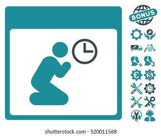 Pray Clock Calendar Page icon with bonus settings pictograms. Vector illustration style is flat iconic symbols, soft blue, white background.