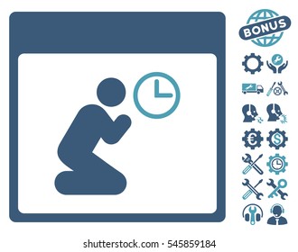 Pray Clock Calendar Page icon with bonus setup tools symbols. Vector illustration style is flat iconic symbols, cyan and blue, white background.