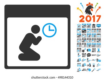 Pray Clock Calendar Page pictograph with bonus calendar and time management clip art. Vector illustration style is flat iconic symbols, blue and gray colors, white background.