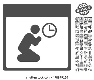 Pray Clock Calendar Page pictograph with bonus calendar and time management icon set. Vector illustration style is flat iconic symbols, gray, white background.