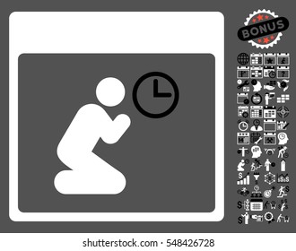 Pray Clock Calendar Page pictograph with bonus calendar and time management icon set. Vector illustration style is flat iconic symbols, black and white, gray background.