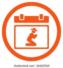 Pray Date grainy textured icon inside circle for overlay watermark stamps. Flat symbol with dust texture. Circled dotted vector orange ink rubber seal stamp with grunge design on a white background.