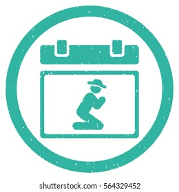 Pray Date grainy textured icon inside circle for overlay watermark stamps. Flat symbol with dust texture. Circled dotted vector cyan ink rubber seal stamp with grunge design on a white background.
