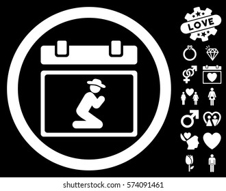 Pray Date icon with bonus love icon set. Vector illustration style is flat rounded iconic white symbols on black background.