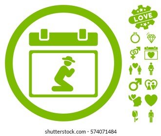 Pray Date icon with bonus passion graphic icons. Vector illustration style is flat rounded iconic eco green symbols on white background.