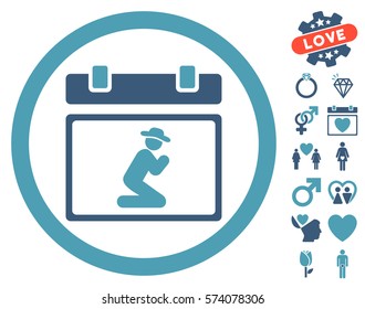 Pray Date pictograph with bonus dating pictograph collection. Vector illustration style is flat rounded iconic cyan and blue symbols on white background.
