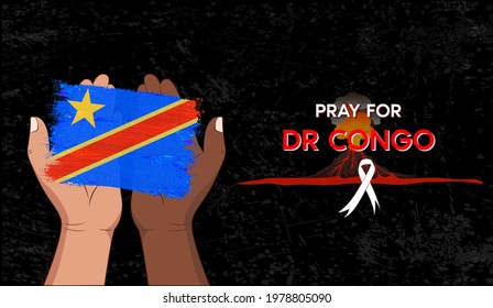 Pray for DR Congo. Hand holding the congo flag. From the volcanic eruption situation (Nyiragongo). vector illustration