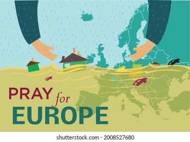 Pray For Europe. Flood And Rescue Concept. Editable Clip Art.