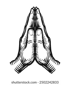 Pray, faith and hope emblem. Hands in praying position sketch. Hand drawn vector illustration