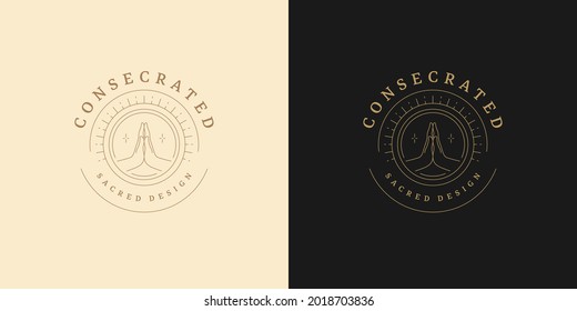 Pray hands gesture crescent logo emblem design template vector illustration in minimal line art style. Linear hope silhouette for celestial logotype or yoga club brand insignia