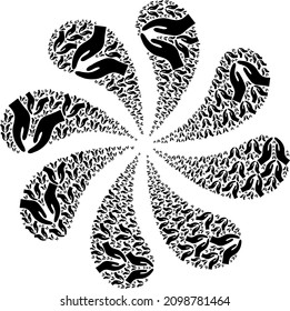 Pray hands icon rotation motion turbine salute composition. Turbine twist organized using scattered pray hands symbols.
