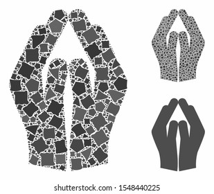 Pray hands mosaic of ragged elements in different sizes and color tinges, based on pray hands icon. Vector ragged parts are organized into collage. Pray hands icons collage with dotted pattern.