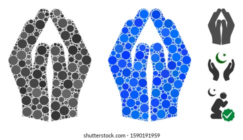 Pray hands mosaic of small circles in variable sizes and shades, based on pray hands icon. Vector small circles are combined into blue mosaic. Dotted pray hands icon in usual and blue versions.
