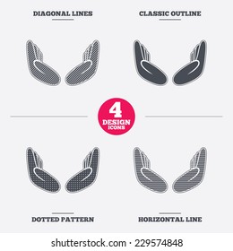 Pray hands sign icon. Religion priest faith symbol. Diagonal and horizontal lines, classic outline, dotted texture. Pattern design icons.  Vector