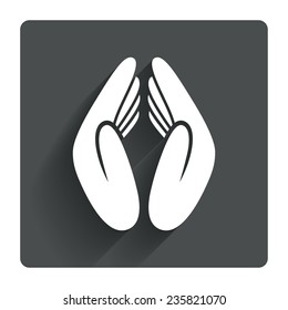 Pray hands sign icon. Religion priest faith symbol. Gray flat square button with shadow. Modern UI website navigation. Vector