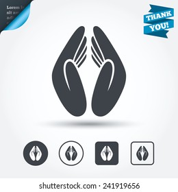 Pray hands sign icon. Religion priest faith symbol. Circle and square buttons. Flat design set. Thank you ribbon. Vector