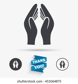 Pray hands sign icon. Religion priest faith symbol. Flat icons. Buttons with icons. Thank you ribbon. Vector