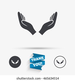 Pray hands sign icon. Religion priest faith symbol. Flat icons. Buttons with icons. Thank you ribbon. Vector