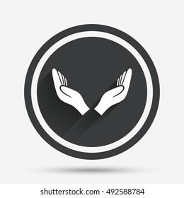 Pray hands sign icon. Religion priest faith symbol. Circle flat button with shadow and border. Vector