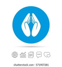 Pray hands sign icon. Religion priest faith symbol. Copy files, chat speech bubble and chart web icons. Vector