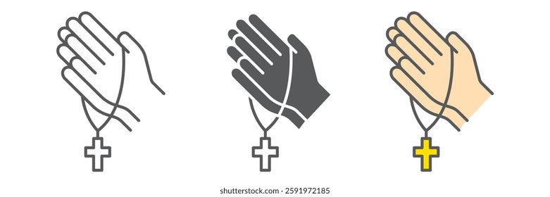 Pray icon collection, hope and christianity, praying hands with rosary vector icon set, vector graphics, editable stroke outline sign, eps 10.