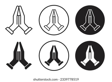 Pray icon set. religious prayer hand sign. namaste respect or faith vector symbol. sorry hands line and filled sign in black color. suitable for mobile app, and website UI design.