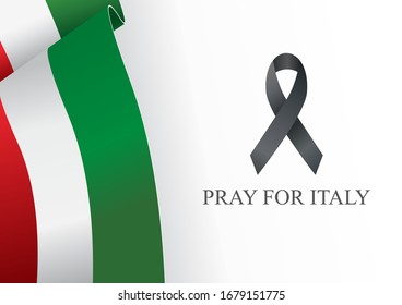 Pray for Italy concept, Illustration of Flag of Italy waving with black awareness ribbon