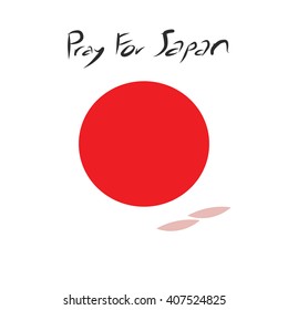 Pray for Japan with cherryblossom drop around the red circle of Japan flag on white background and art letter
