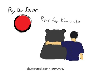Pray for Japan with unknown man hug the big bear for encourage by my own  sketch drawing  under the red circle of Japanese symbol
