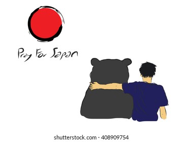 Pray for Japan with unknown man hug the big bear for encourage by my own  sketch drawing  under the red circle of Japan flag 