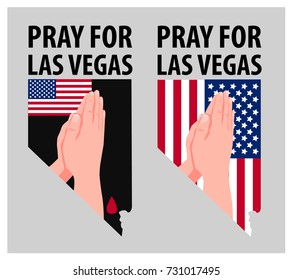 Pray for Las Vegas with text vector illustration. Praying Hands in black and USA flag background Nevada map silhouette. 