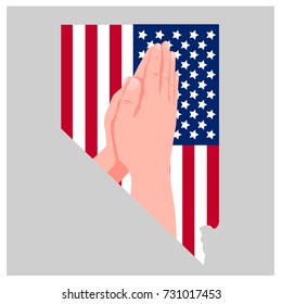 Pray for Las Vegas vector illustration. Praying Hands in USA flag Nevada map silhouette. 