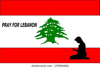 Pray for Lebanon phase shown on flag with woman dark figure praying 