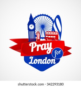 Pray for London icon with famous england buildings.