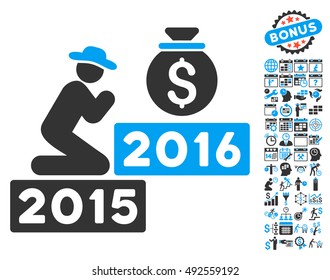 Pray for Money 2016 icon with bonus calendar and time management images. Vector illustration style is flat iconic bicolor symbols, blue and gray colors, white background.