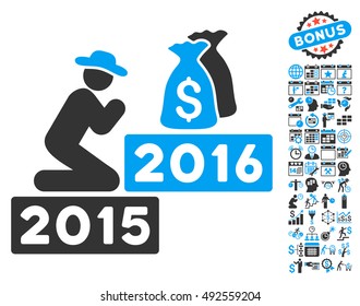Pray for Money 2016 icon with bonus calendar and time management icon set. Vector illustration style is flat iconic bicolor symbols, blue and gray colors, white background.