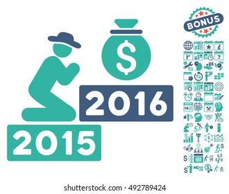 Pray for Money 2016 icon with bonus calendar and time management symbols. Vector illustration style is flat iconic bicolor symbols, cobalt and cyan colors, white background.