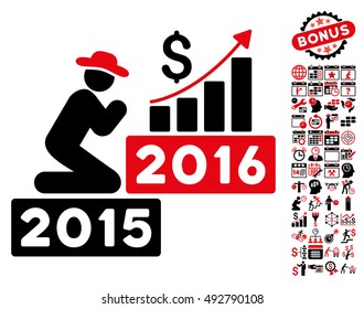 Pray for Money 2016 icon with bonus calendar and time management symbols. Vector illustration style is flat iconic bicolor symbols, intensive red and black colors, white background.