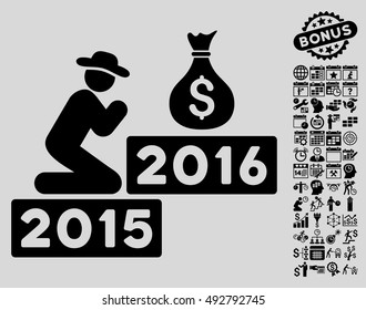 Pray for Money 2016 icon with bonus calendar and time management pictures. Vector illustration style is flat iconic symbols, black color, light gray background.