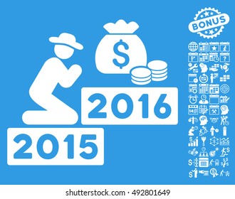 Pray for Money 2016 icon with bonus calendar and time management graphic icons. Vector illustration style is flat iconic symbols, white color, blue background.