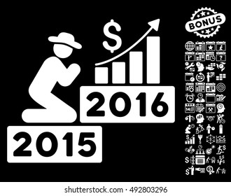 Pray for Money 2016 icon with bonus calendar and time management pictogram. Vector illustration style is flat iconic symbols, white color, black background.