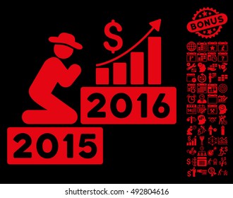 Pray for Money 2016 icon with bonus calendar and time management pictograph collection. Vector illustration style is flat iconic symbols, red color, black background.