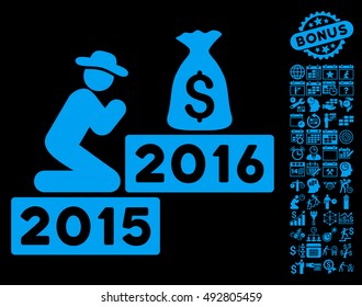 Pray for Money 2016 icon with bonus calendar and time management clip art. Vector illustration style is flat iconic symbols, blue color, black background.
