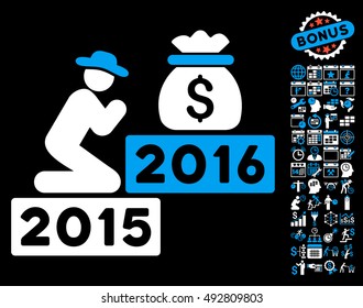 Pray for Money 2016 icon with bonus calendar and time management pictogram. Vector illustration style is flat iconic bicolor symbols, blue and white colors, black background.