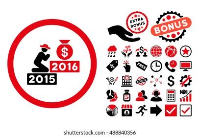 Pray for Money 2016 pictograph with bonus symbols. Vector illustration style is flat iconic bicolor symbols, intensive red and black colors, white background.