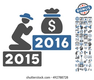 Pray for Money 2016 pictograph with bonus calendar and time management symbols. Vector illustration style is flat iconic bicolor symbols, cobalt and gray colors, white background.