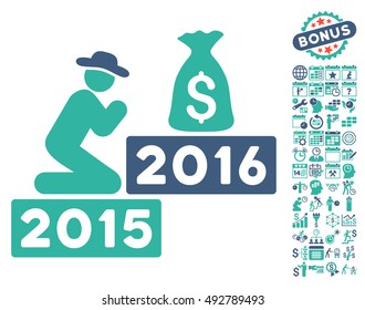 Pray for Money 2016 pictograph with bonus calendar and time management design elements. Vector illustration style is flat iconic bicolor symbols, cobalt and cyan colors, white background.